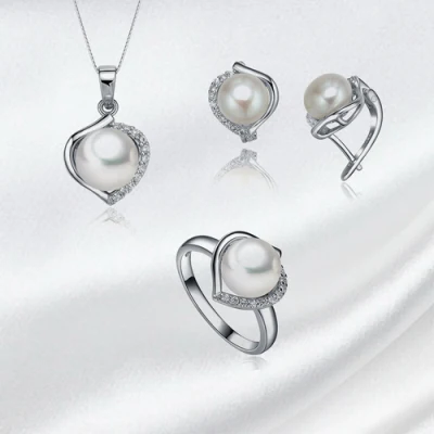 Conjunto de joias de pérolas de prata da moda com trava de brinco